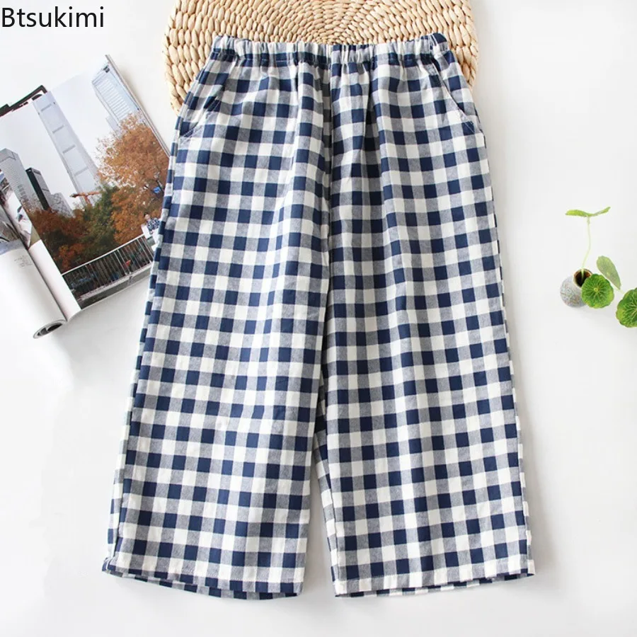 

2025 Women's Cotton Home Pants Gauze Pajama Shorts Loose Casual Calf-length Pants Classic Plaid Lounge Sleep Bottoms for Women