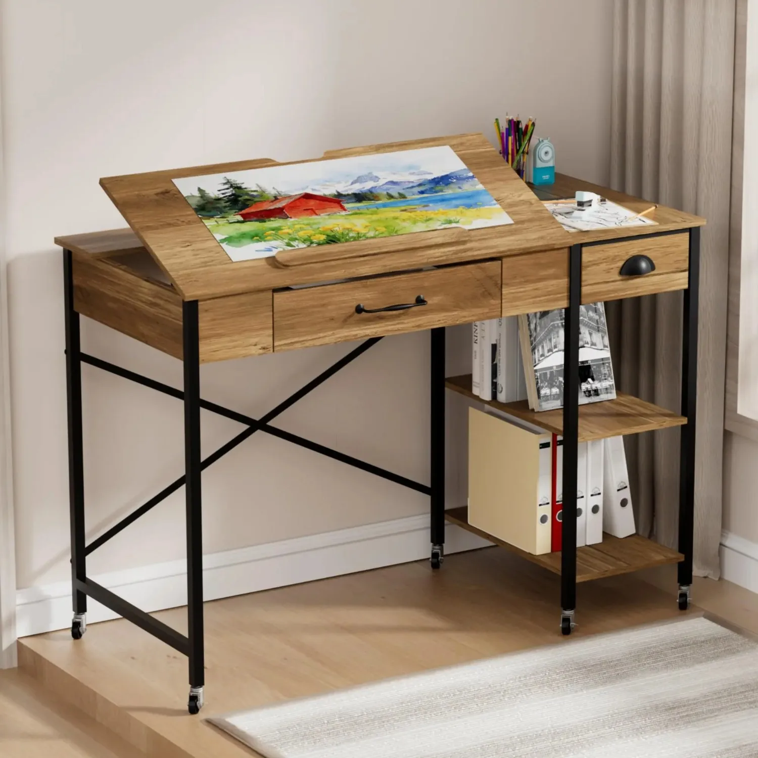 Rolling Drafting Table, Crafting Table with Storage, Computer Desk ﻿ | 0-80°Tilted Art Desk Drawing Table, Movable