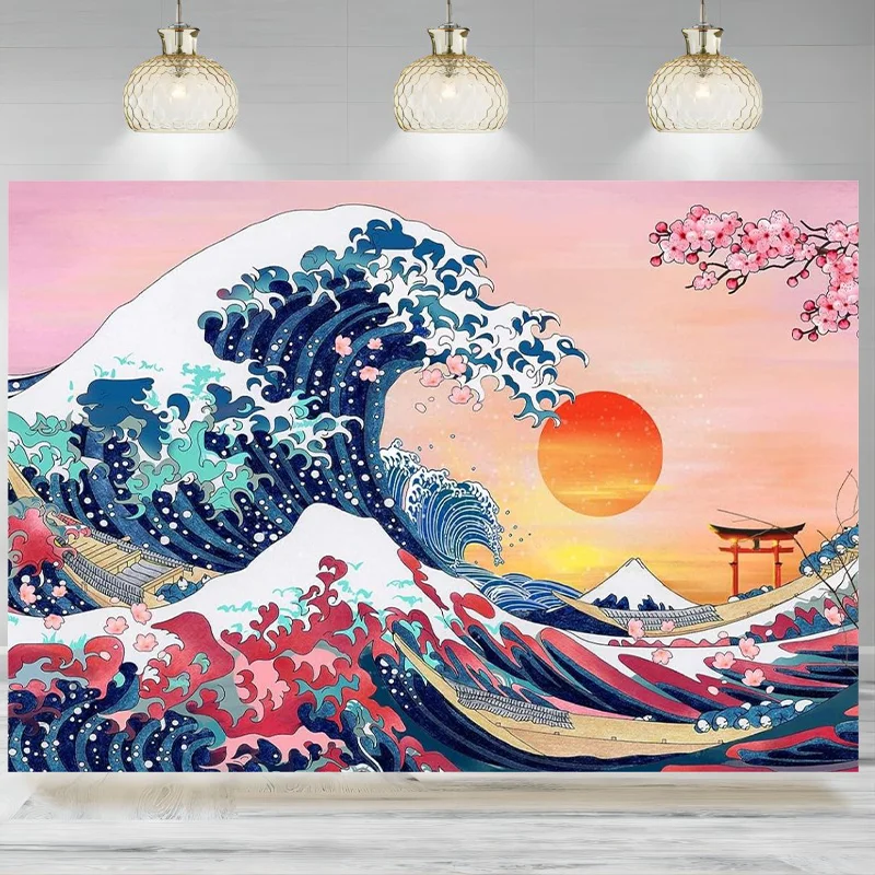 Ocean Wave Japanese Kanagawa Backdrop Great Wave Cherry Sunset Background Banner Party Decorations Photographic