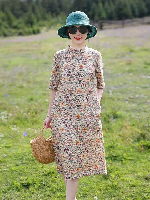 

Vintage Floral Print A-Line Midi Dr Stand Collar Straight Cut Long Sve Women's Commuter Sle Clothing Ci Walk