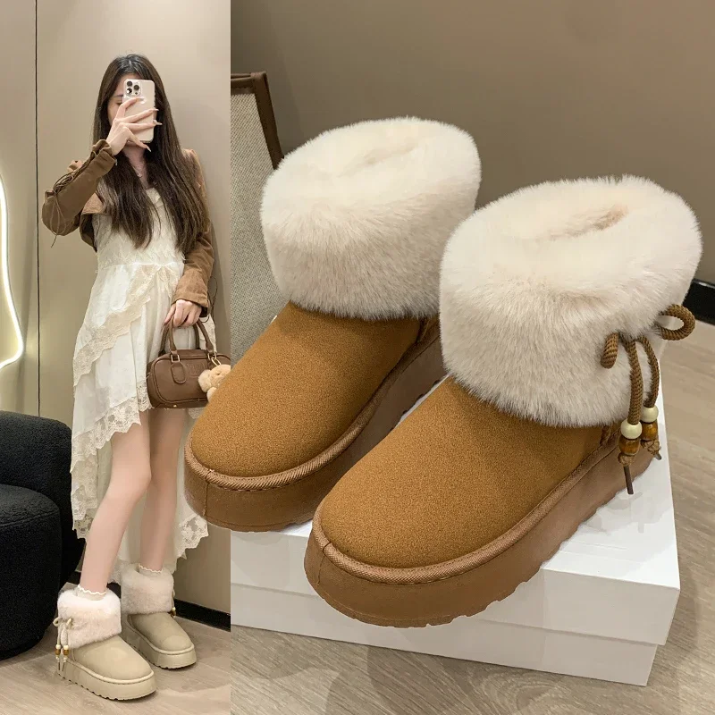 Zapatos de algodón de invierno, además de zapatos de algodón grueso de terciopelo para mujer, botas de nieve cálidas y a prueba de frío, botas cortas de moda