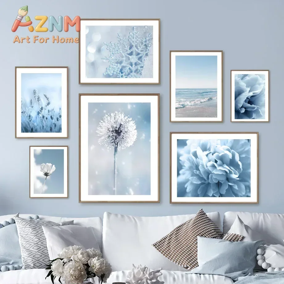 Natural Blue and White Flower Beach Crown Wall Art Canvas Painting  Nordic Posters and Prints for Interior Home Decor