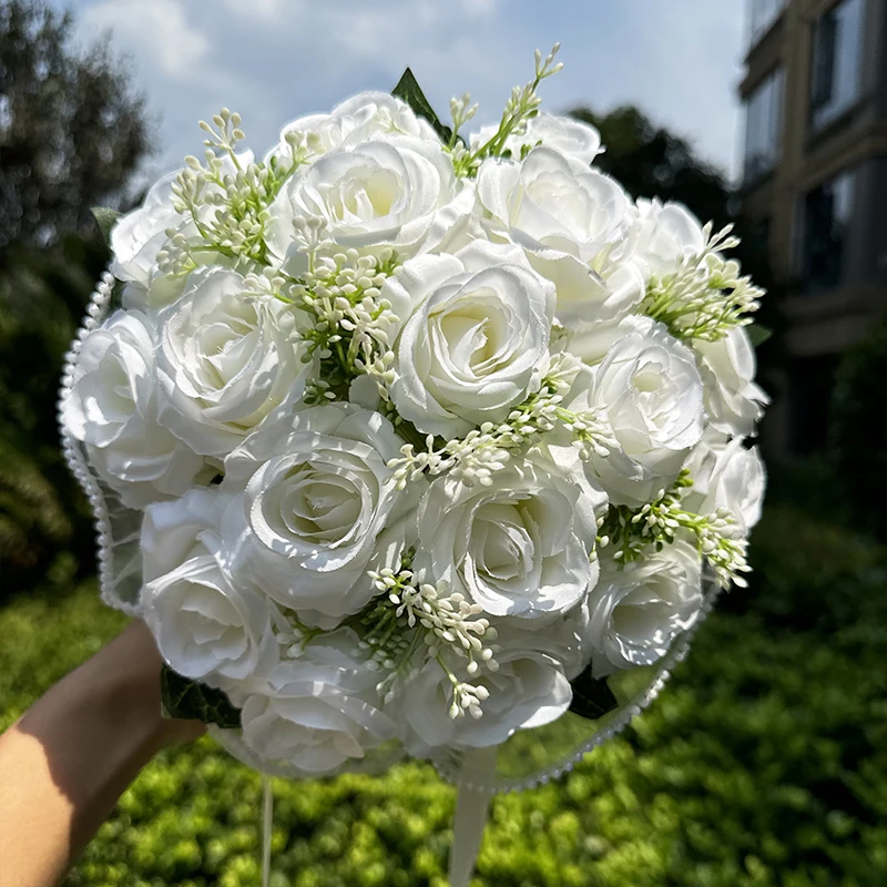 1PC Wedding Bouquets for Bride Valentines Day Decor Wedding Party Supplies Home Decoration Pearl lace mesh rose bouquet