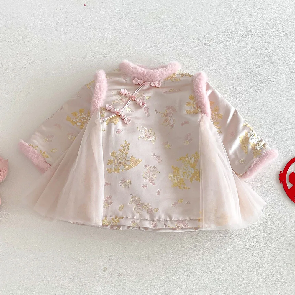 

Новогодние платья с длинными рукавами в китайском стиле для девочек, стеганая теплая зимняя детская эксклюзивная одежда, рождественское платье для малышей