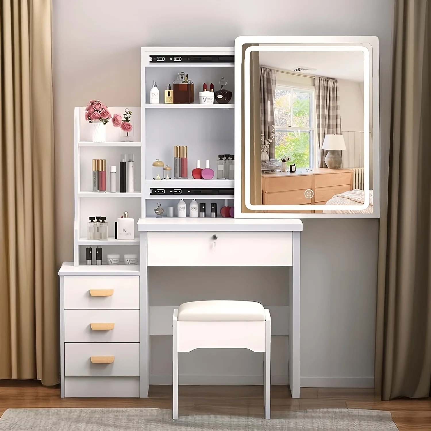 

White Dressing Table Featuring a Sliding Mirror, USB Makeup Lights, And a Chair, Equipped with Four Drawers And a Stool