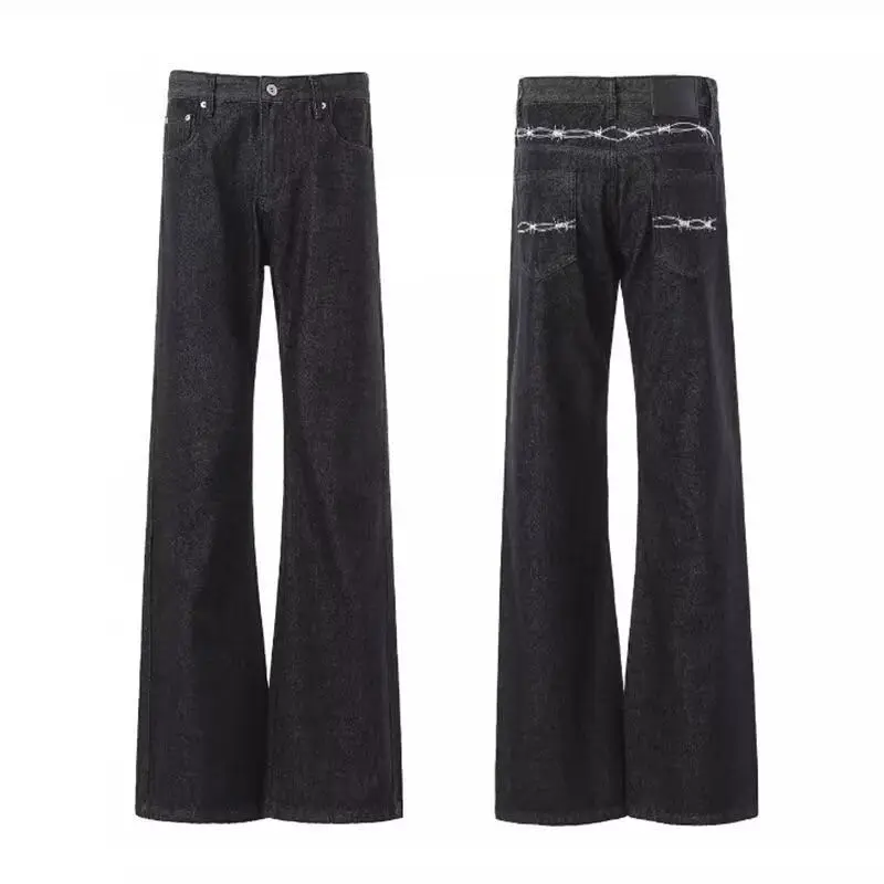 Calças Jeans Retro Americanas Bordadas com Estampa de Touro Preto, Estilo Casual Solto, Perna Larga e Micro Flare para Homens...