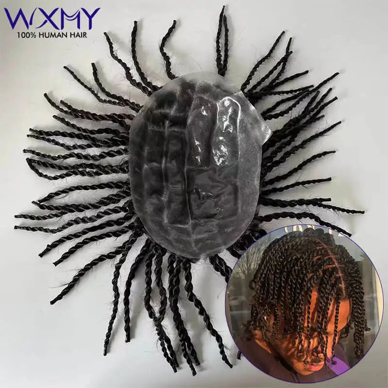 

6" Knotted PU Twist Crochet Braids Toupee For Men Male Hair Prosthesis Afro Human Hair Men's Capillary Prothesis Durable Man Wig