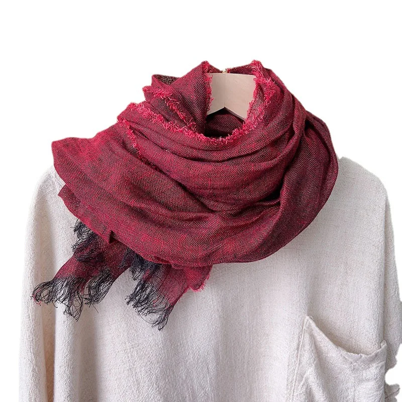 Japanese Linen Scarf 100% Linen Gray Effect Lovers Scarf Art Thin Stretch Shawl Solid Color High-Grade Scarves