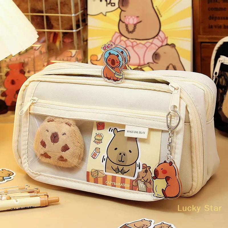 Large Capacity Pencil Bag Capybara Cartoon Stationery Holder Bag With Brooches Stickers Clips Keychains Children Pen Case