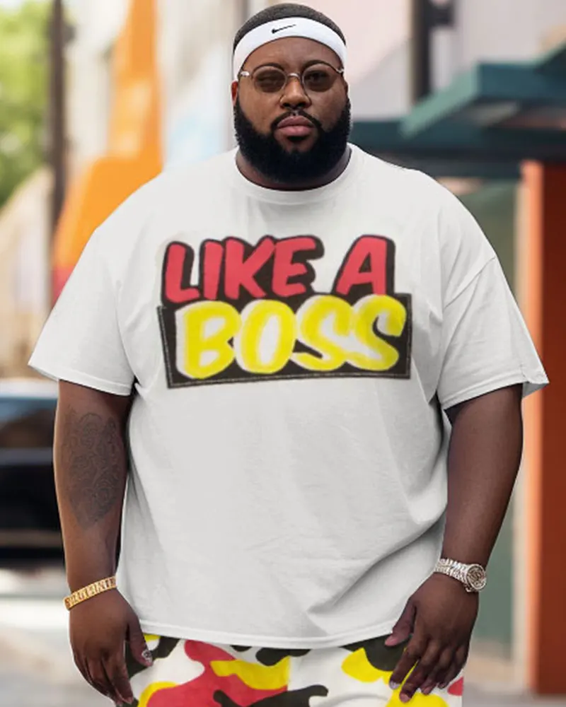 Biggmans L-9XL for Plus Size Men's Plus Size Street Be Your Own Boss Graffiti Short Sleeve Shorts Set