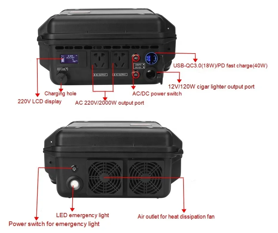 High quality 220v 2000w 1036wh portable lithium battery solar outdoor power station