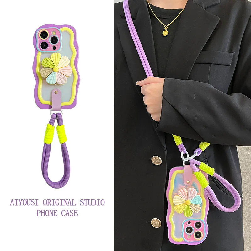 

Красочная цветочная подставка для телефона apple 15pro, чехол для телефона iphone14, защита от падения i13pro, нерегулярный силиконовый ремешок через плечо 15promax