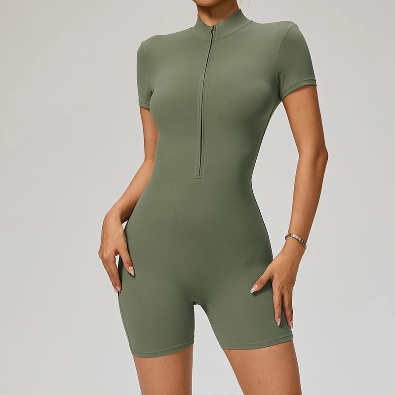TRY TO BN Combinaison de sport à fermeture éclair, manches courtes, vêtements de sport de Yoga, Fitness, entraînement, body une pièce, collants, vêtements de sport pour femmes