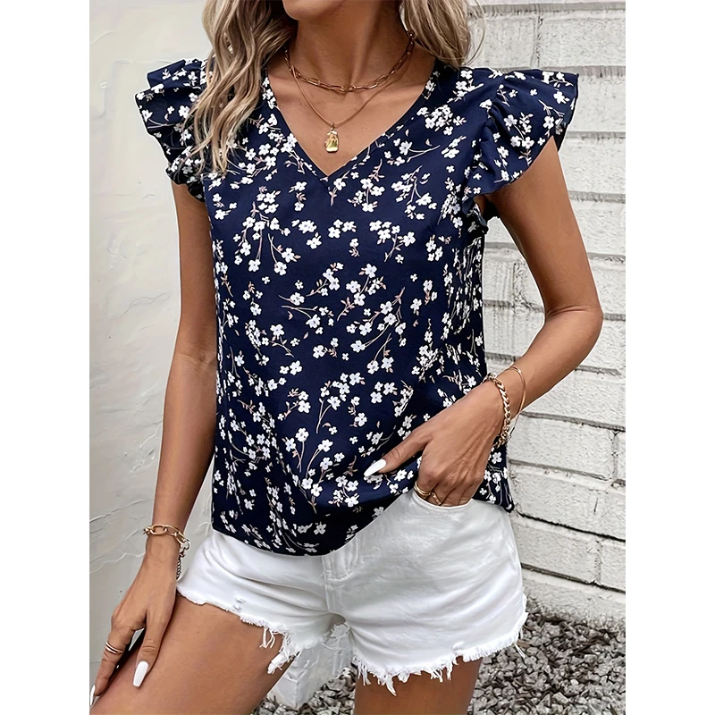 

Shirt Fashion women's commuting V-neck breathable lace sleeve Tibetan blue small floral print design unique niche new noble shir