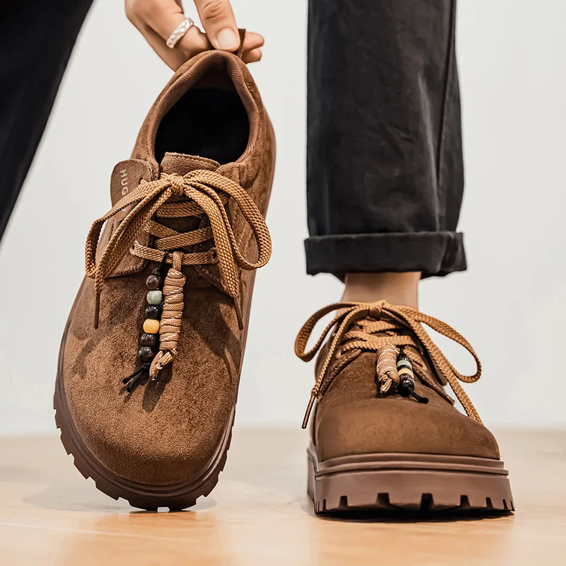 

Новинка 2024, четырехсезонная мужская повседневная обувь с бисером, противоскользящая и прочная студенческая обувь на толстой подошве со шнуровкой, мужские лоферы