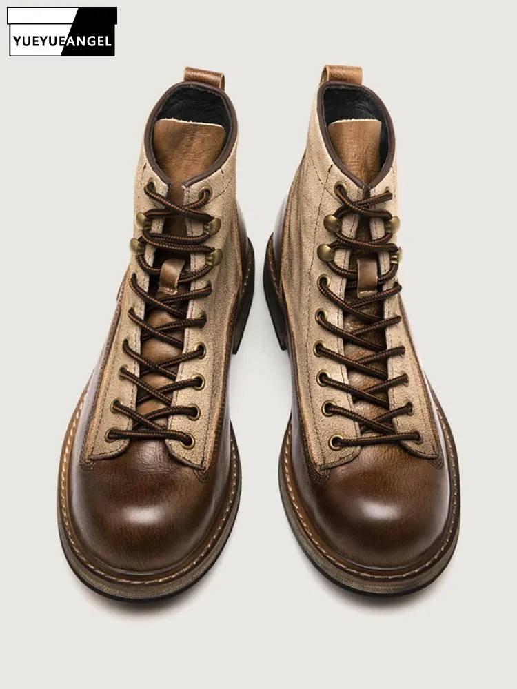 Vintage Mens Motorcycle Riding Ankle Boots Autumn Winter New Cowhide Genuine Leather Spliced Lace Up High Top Work Safety Shoes