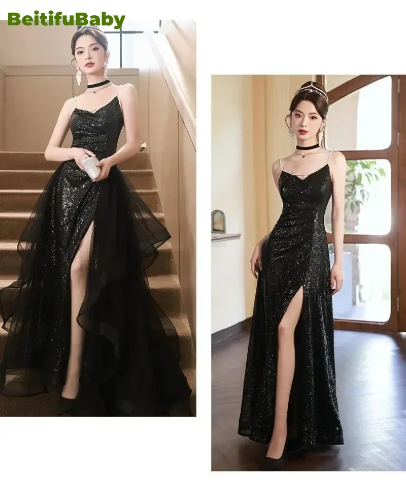 BeitifuBaby Elegant Women\'s Evening Dresses Strap V-neck Black Sequin Banquet Gown Lace Skirts Party Dress for Women Vestidos
