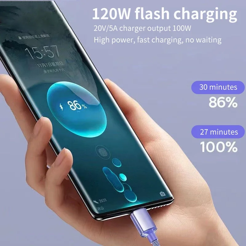 120W Super Fast Charging Cable USB Type-C Charger Cord Data Cable For iPhone 15 16 Huawei Samsung Xiaomi