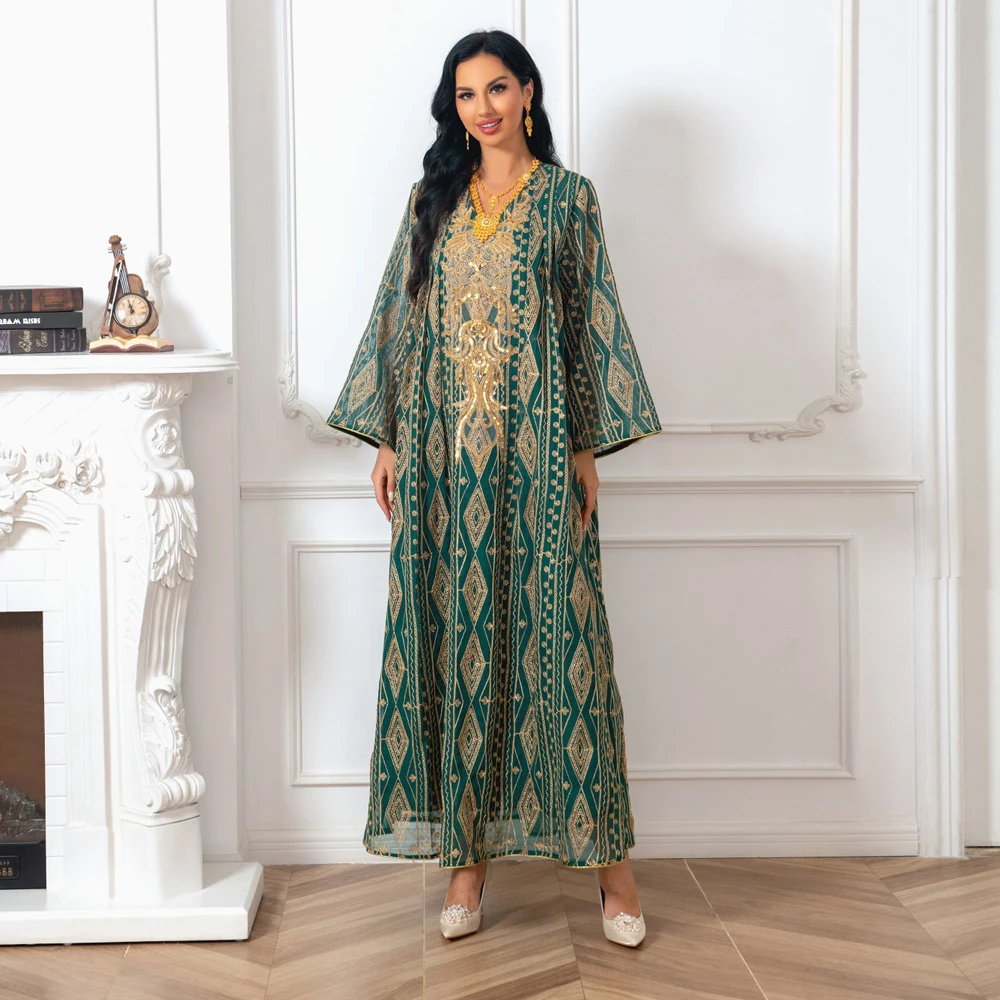 Gorgeous Party Evening Dresses for Women Dubai Muslim Vintage Ethnic Sequin Gold Thread Embroidery Abaya Moroccan Kaftan