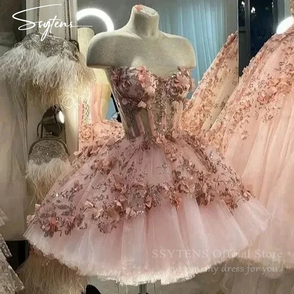SSYTENS Pink Short Homecoming Dresses Vestidos De Festa Sexy Sweetheart Lace 3D Flower Abendkleider Graduation Party Customized