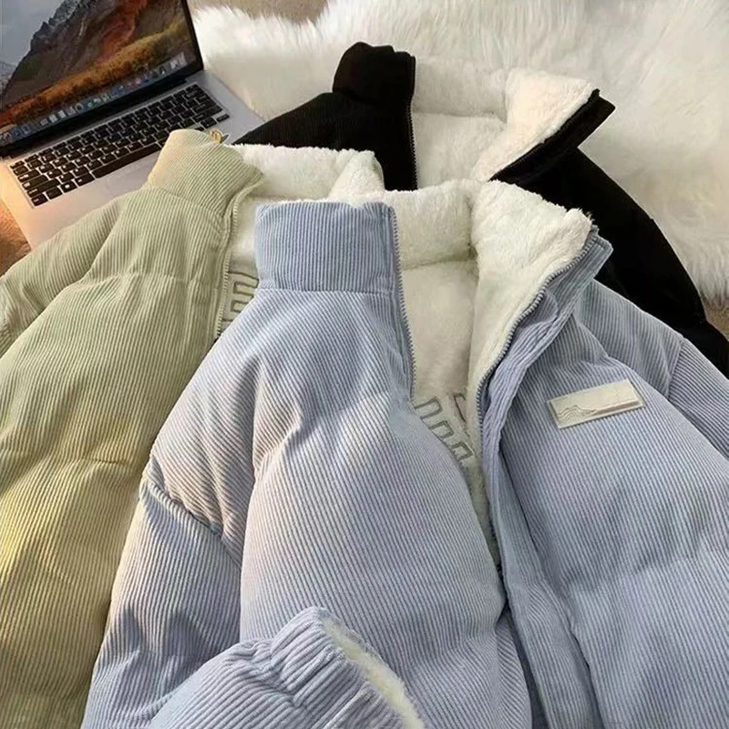 

Winter Warm Corduroy Parkas Women Y2K Streetwear Loose Double Sided Wear Puffer Jacket Bf Korean Preppy Casual Fluffy Down Coats