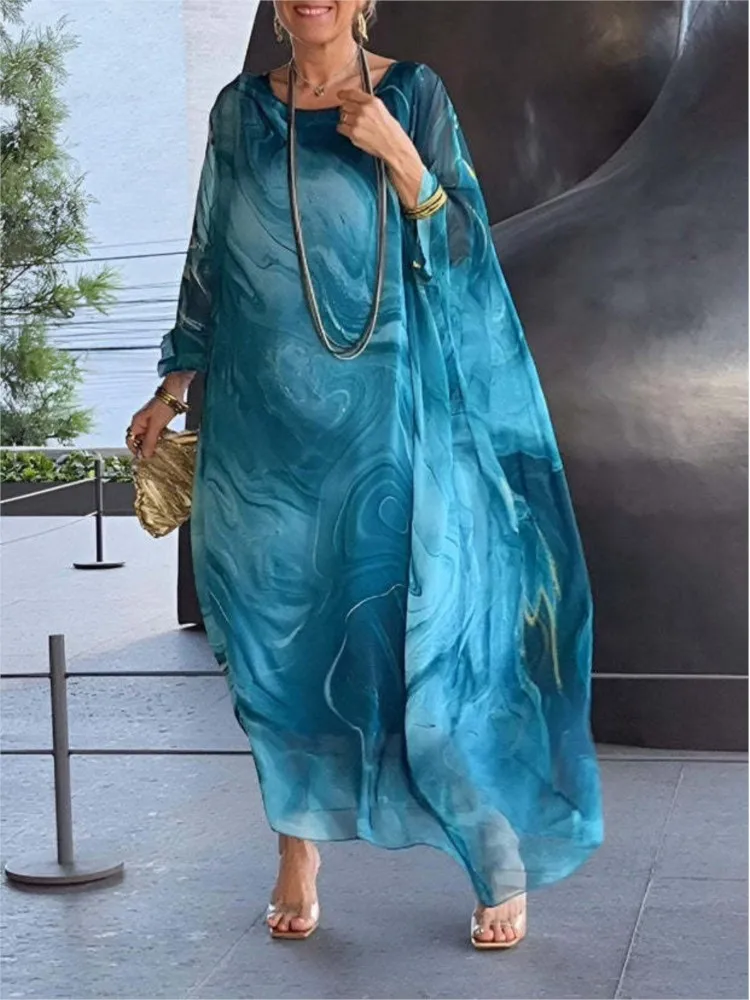 Women Elegantย Bat Sleeved Loose Party Dress Summer Chiffon Printed Marble Leisure Robe Round Neck Fashionable Vacation Dresses