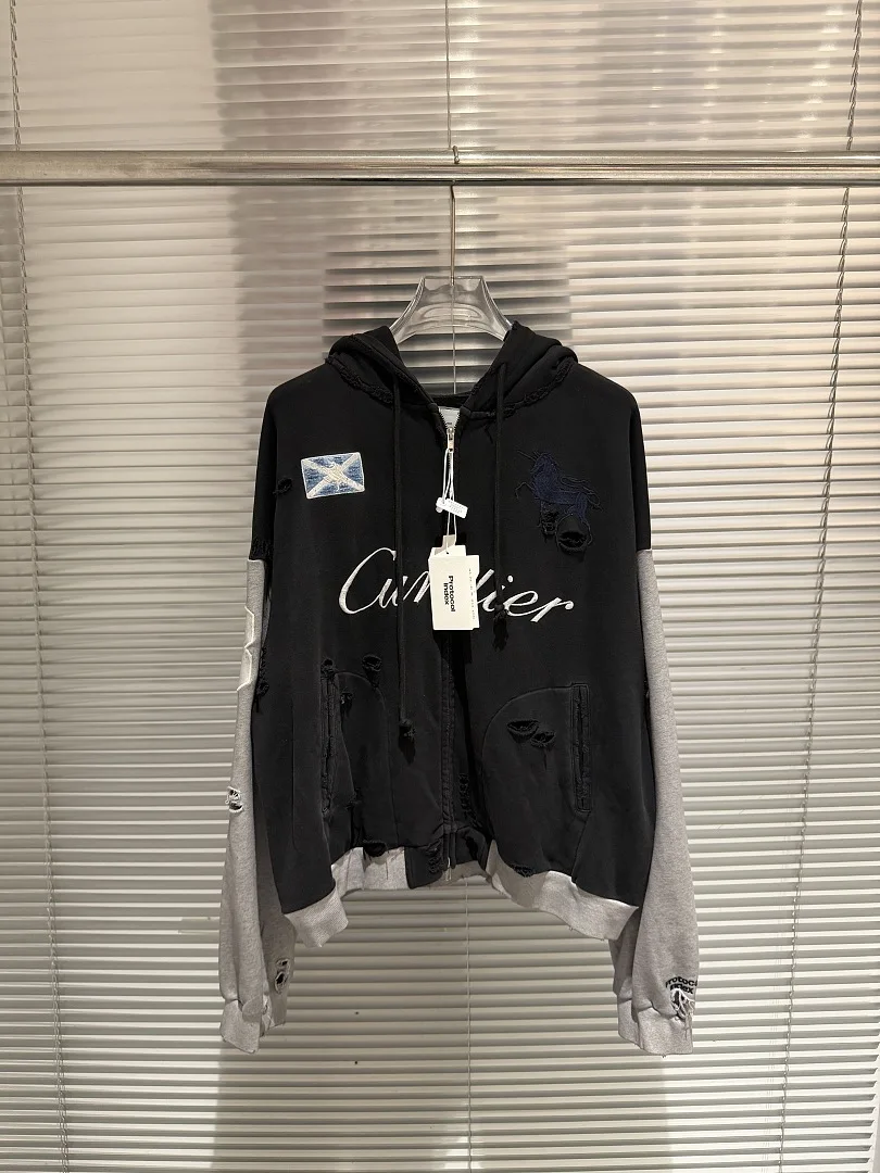 

Protocol Index talk Cropped Distressed Zip Up Hoodie Vintage Washed Patchwork Horse Unicorn Embroidery Destroy Jackets Hoodie