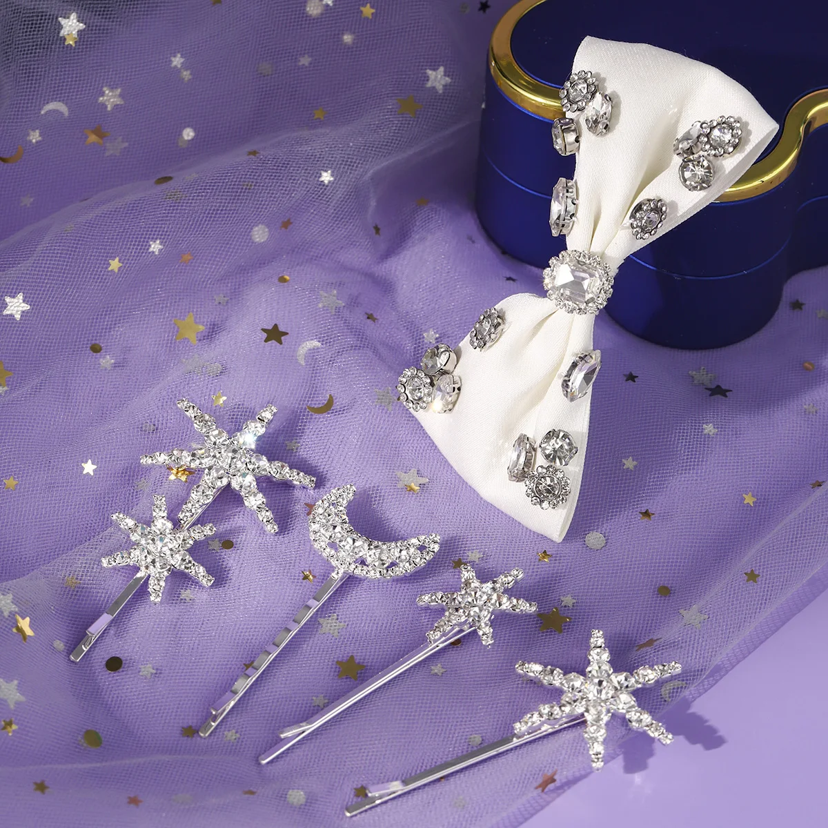 Sliver Fashion Star Ribbon Rhinestone Hair Clip Set Daily Hairpin Headpieces for Girls Holiday Party Hair Accessories Jewelry