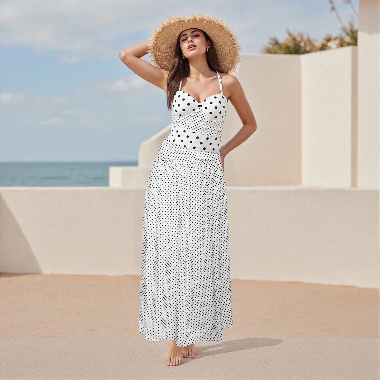 Robe longue d'été pour femmes, sans manches, dos nu, col licou, imprimé à pois, robe de plage