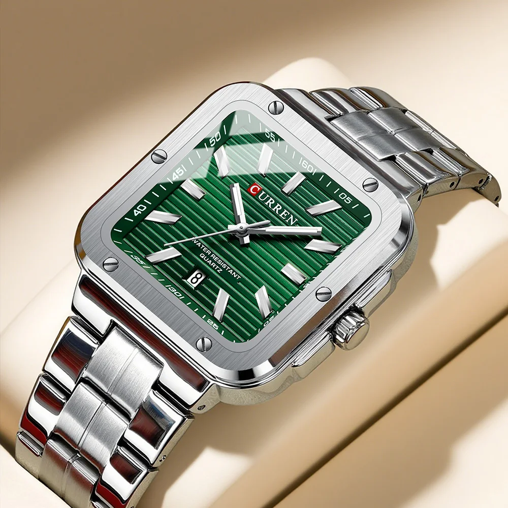 CURREN Unique Square Men's Watch with Green Dial - Stainless Steel Strap, Business Casual Style Quartz Wristwatches for Man