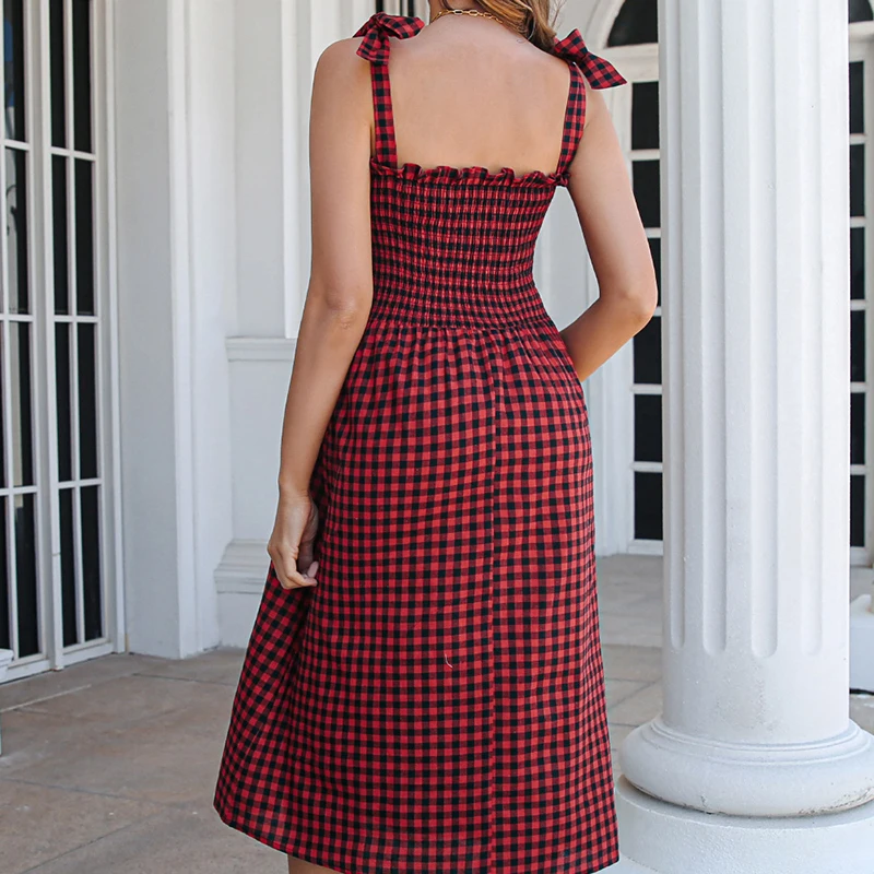 레트로 캐주얼 대비 슬래시 우드 이어 스트랩 여성용 드레스, 활 화이트 블랙 격자 무늬 붕대, 빈티지 하라주쿠 미드 원피스, 여름