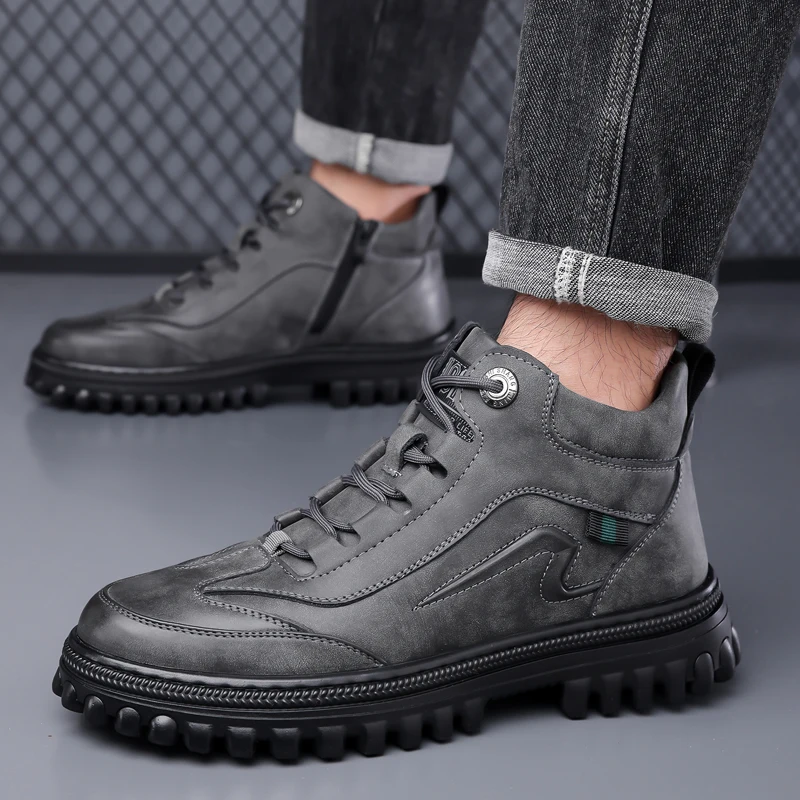 

Classic Mens Winter Boots Genuine Leather Sneakers Fur Plush Snow Shoes Outdoor Warm Ankle Boots Outdoor Male Hiking Shoes Botas