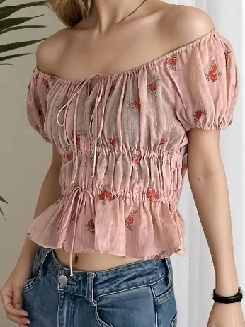 

Sweet Sle Embroidered ort Sve U-Ne irt Женская облегающая льняная блузка Cool Feeling Summer Faion Casual irt