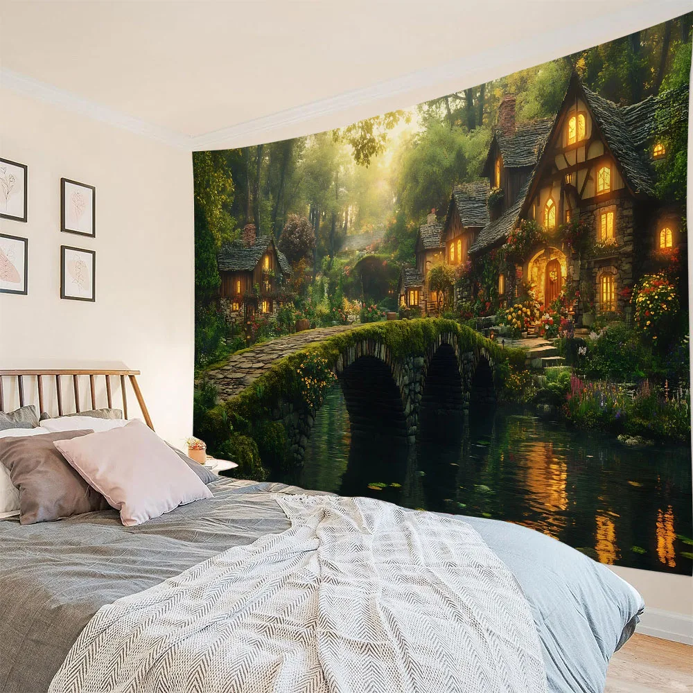 

Forest wooden house tapestry, dreamy floral jungle, home aesthetic decoration wall hanging, living room bedroom wall background