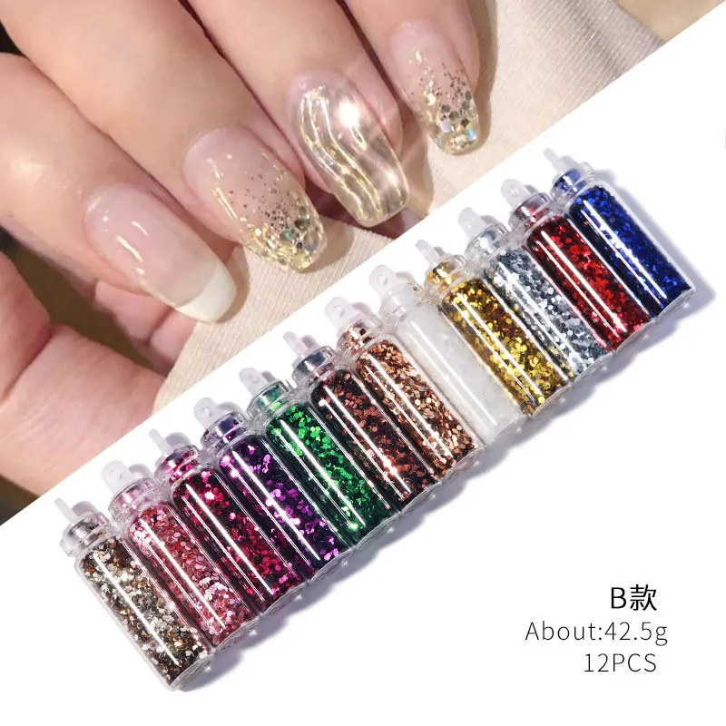 12 Bottles/Set Nail Art Sequins Glitter Manicure Decoral Tips For Eyes Face Cheek Hair Nails Lips, Festival Cosmetic Decoration