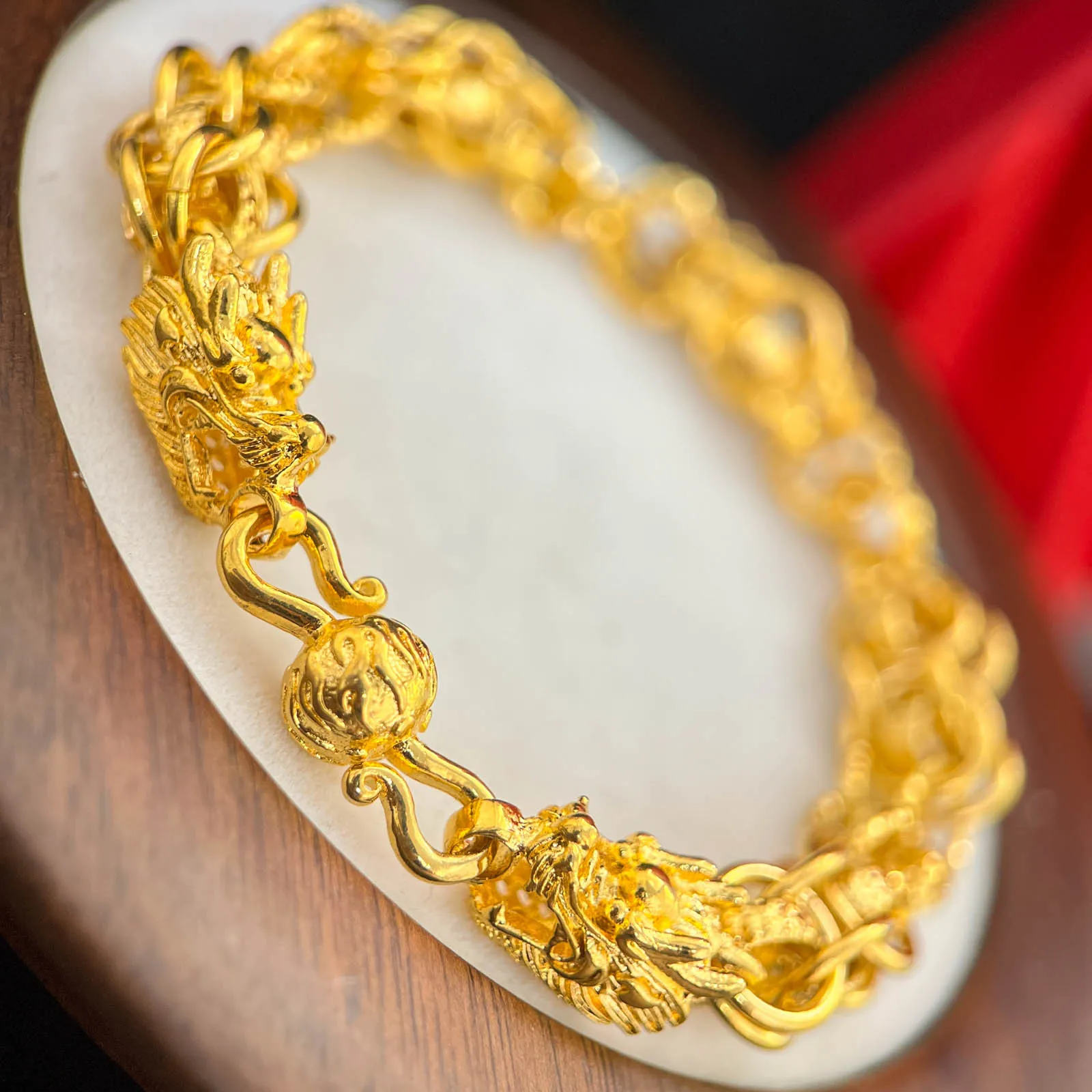 Luxury 24K 9999 Pure Gold real gold Double Dragon Head Loop Buckle Bracelet Men's Cloth Dragon Head Bracelet