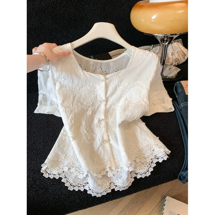 

White Unique Short Sleeve Shirt Women's Summer Commute Slimming Fashionable French Style Breathable Skin-friendly Citywalk Top