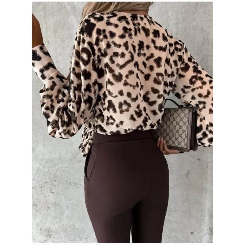 Autumn New Women\'s Shirt Cross Tie Long Sleeved Leopard Print Flower Print V-neck Ladies Lantern Sleeves Cinched Sexy Blouse