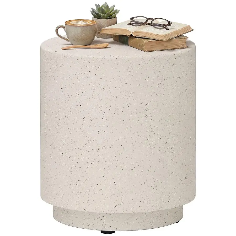 Mesa Auxiliar para Exteriores, Mesa Redonda Pequeña con Acabado de Concreto para Interiores, Patio, Jardín Trasero, Piscina, Terraza, Jardín, Césped, Color Crema