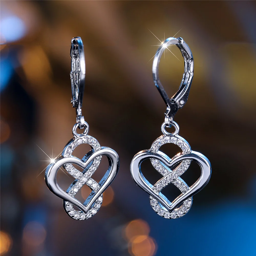 Charm Female White Zircon Stone Heart Hoop Earrings Silver Color Simple Wedding Jewelry For Women