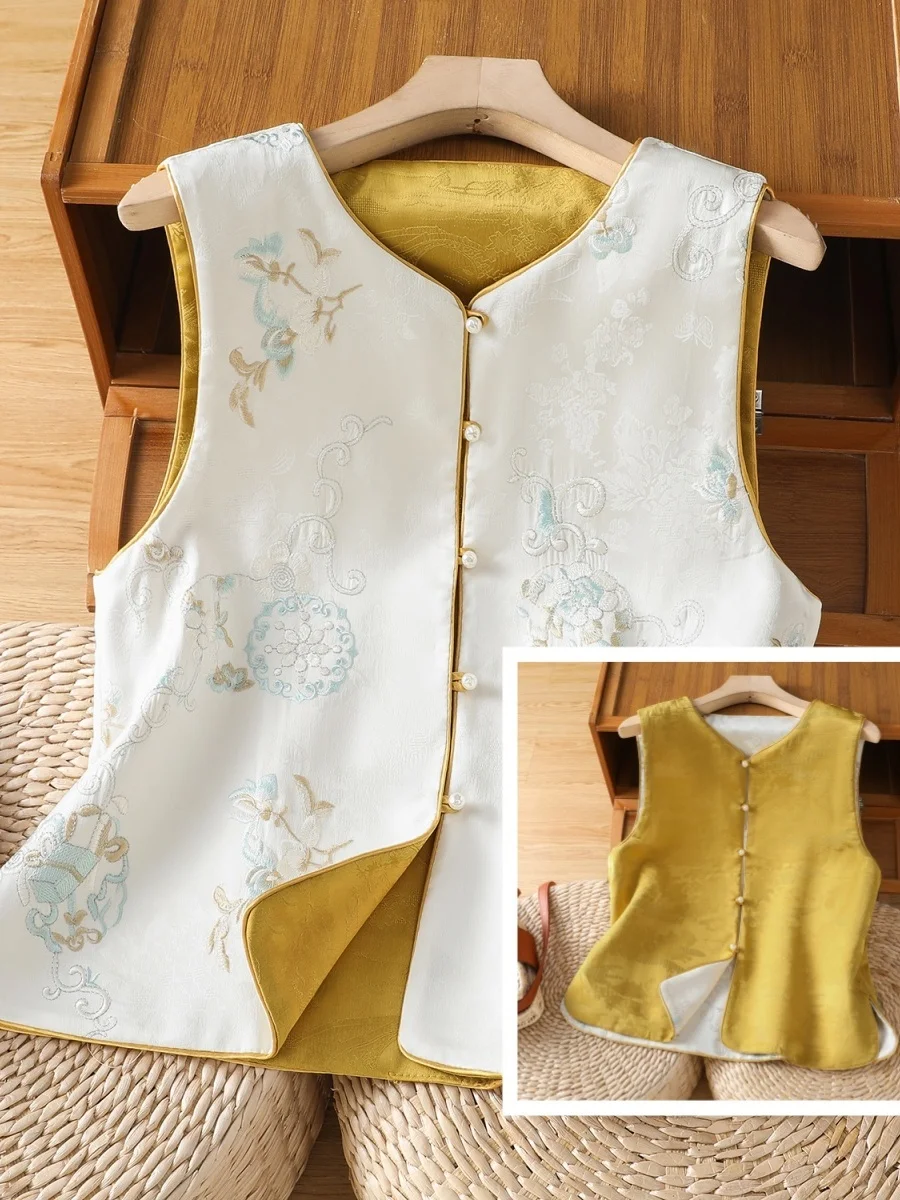 Elegant Chinese Style Satin Floral Embroidery Double-Sided Wearable Women's Vest Spring Autumn Versatile Layering Anti-Aging