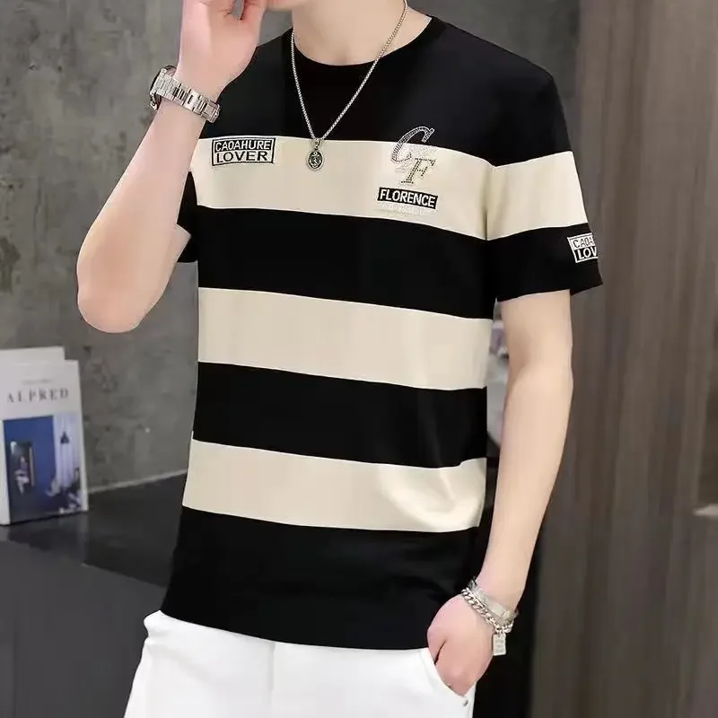 New Ultra-Thin Ice Silk Breathable Short Sleeve Summer Men\'s Round Neck Striped Slim Fashion Hip Hop Casual T-Shirt XL-XXXL