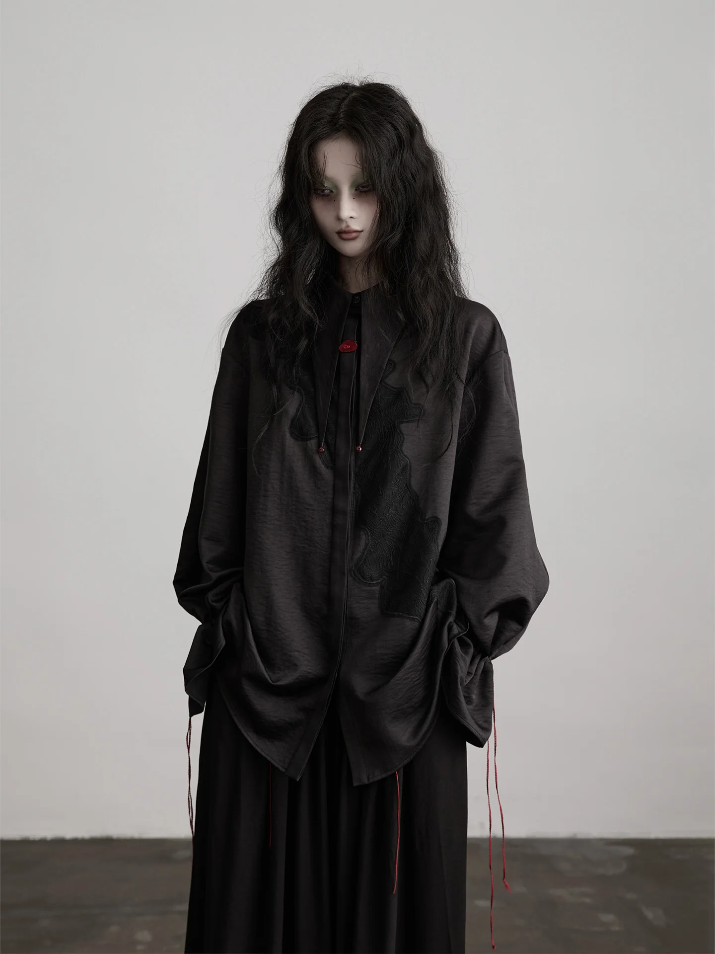 

l Sle Long Sve Dstring irt Women's Loose Fit Polyester Fiber Resistant to Deformation Pure Color Patchwork