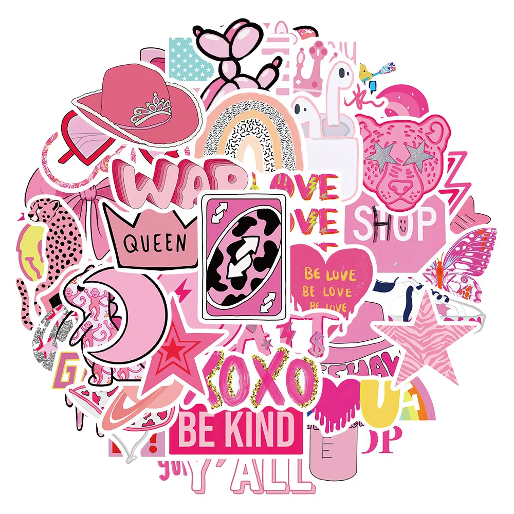 50Pcs Preppy Stickers Hot Pink Y2k Stickers Aesthetic Vinyl Waterproof Sticker for Water Bottle Laptop Phone Computer Skateboard
