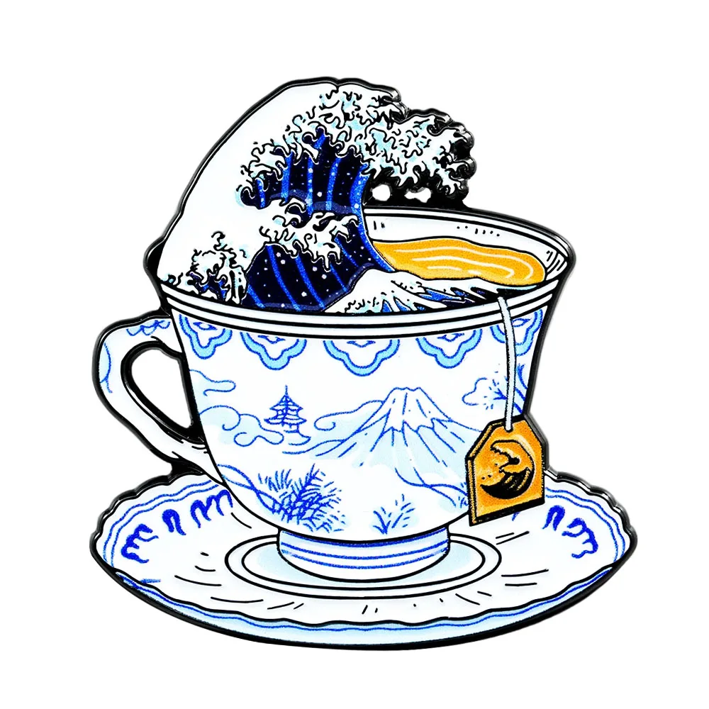 Alfileres esmaltados de la gran ola de Kanagawa, corazón anatómico, amante del té, artista de estilo japonés, broche artístico de pintura clásica Hokusai