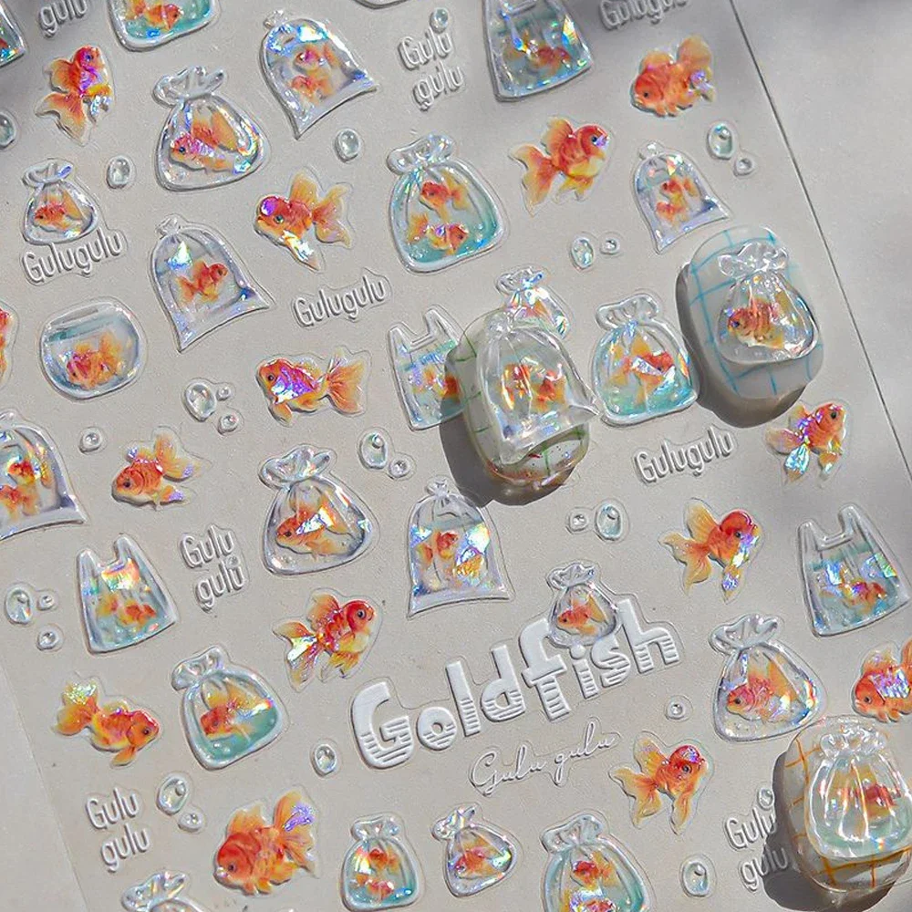 Goldfish Red Koi Water Grass Lotus Flower Leaf Bubbles Pond Sea Chinese Style Self Adhesive 5D Nail Art Stickers Manicure Decals