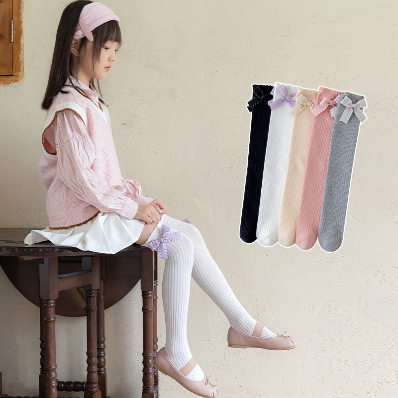 Lolita Girls Thigh High Socks Spring Autumn Princess Style Ruffled Bow Decor Solid Color Comfy Skin-Friendly Stretchy Stockings