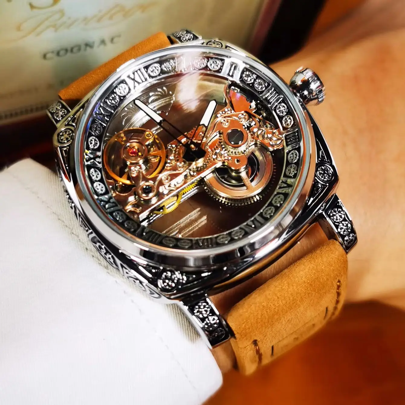 Forsining Retro Engraved Skeleton Automatic Mechanical Watch for Men Luminous Hands Leather Steel Strap Business Mens Watches