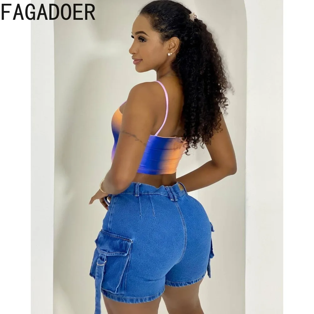 FAGADOER Blue Summer New Water Washed Elastic Denim Shorts Women High Waisted Button Pocket Jean Fashion Solid Cowboy Bottoms