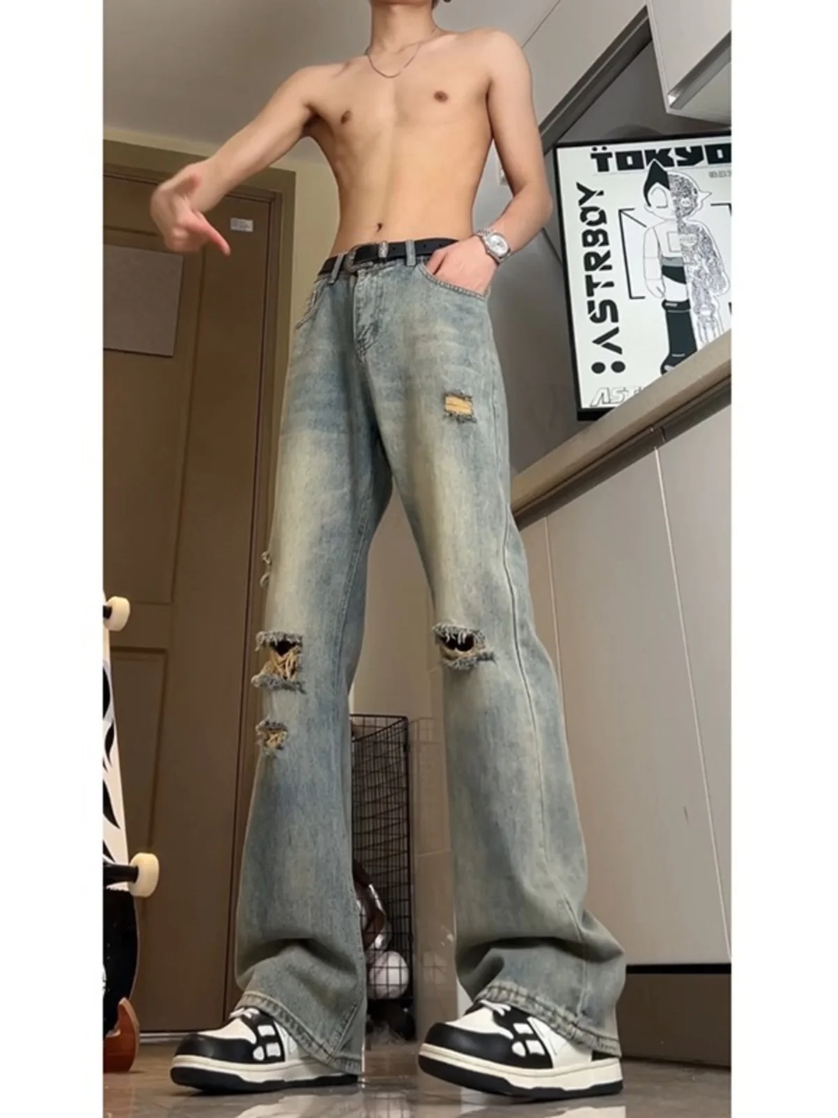 

Мужские джинсы с высокой талией и прямыми штанинами в стиле ретро, винтажные американские, с эффектом потертости и микро-клешем